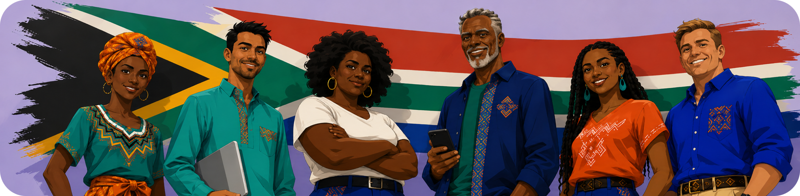 Azi About Us Hero Image - Mixed group of proud South African's in front of the South African Flag